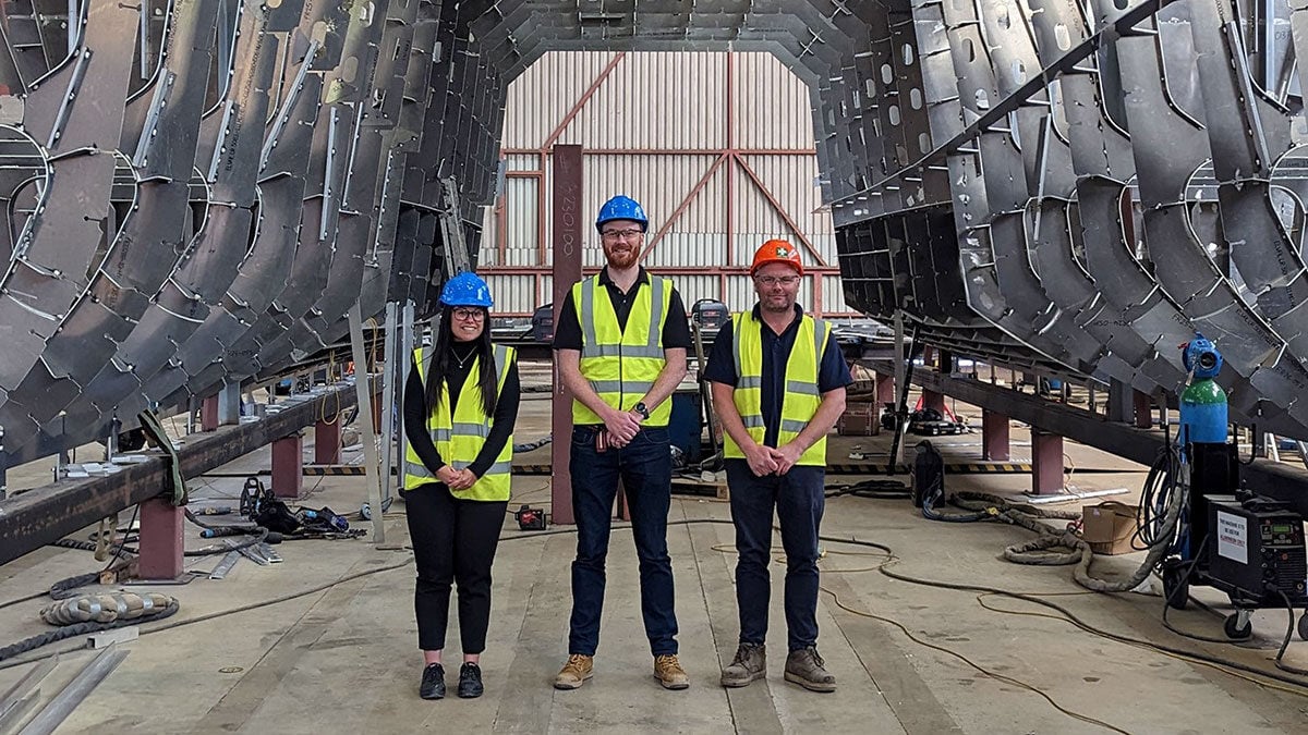 The Brevity Class vessel in build at the Manor Marine shipbuilding facility in Portland, Dorset.