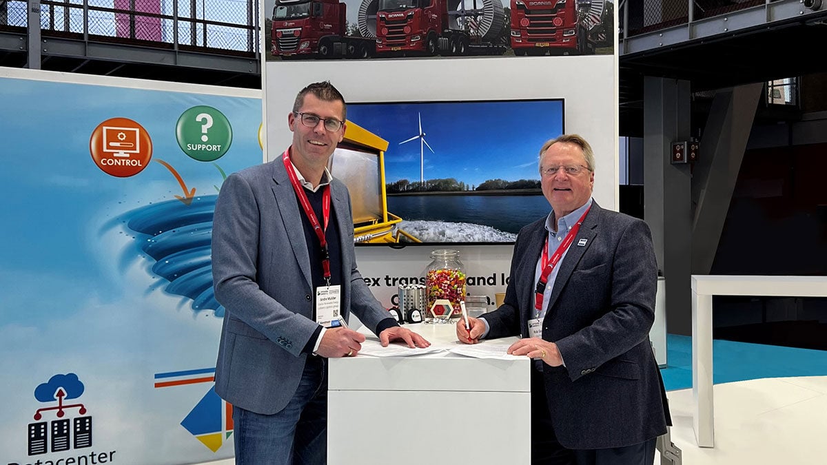 Pictured left to right: Andre Mulder, Director Renewable Energy for Lubbers Logistics Group and Rob Goodall, OEG Offshore VP of Business Development signing new agent partnership deal in the Netherlands.