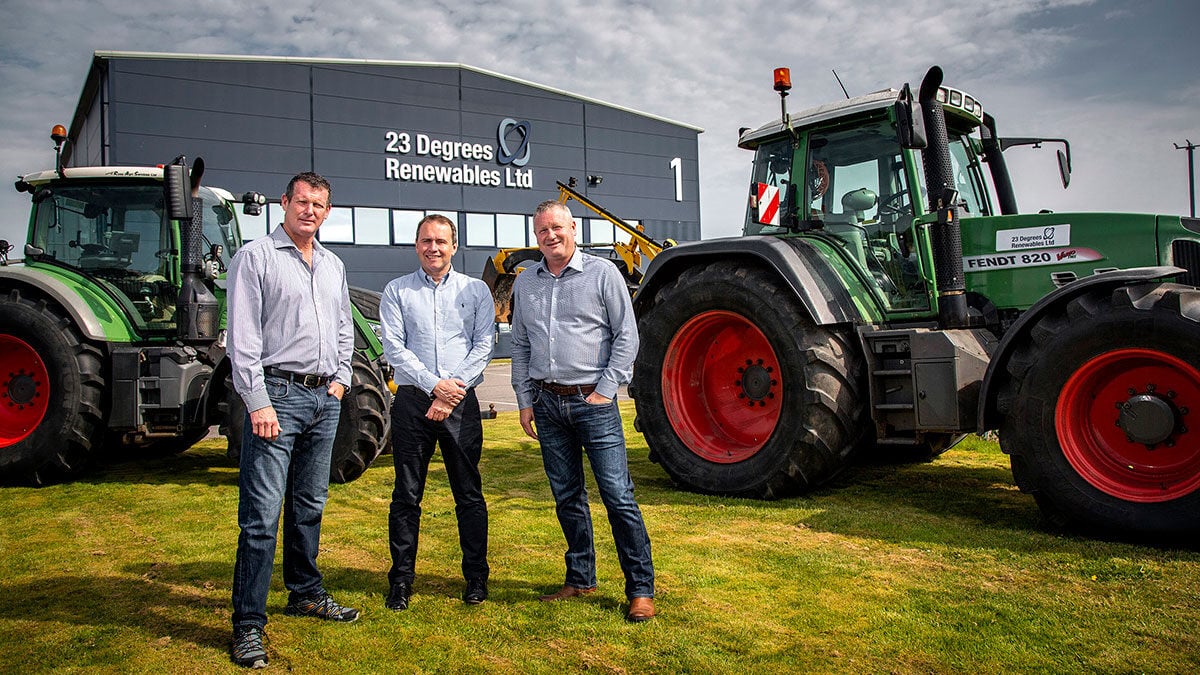 Pictured left to right: Bradley Tate, Operations Director of 23D with John Heiton, CEO of OEG Offshore and Grahame Tate, Managing Director of 23D alongside onshore cable routing and trenching equipment.