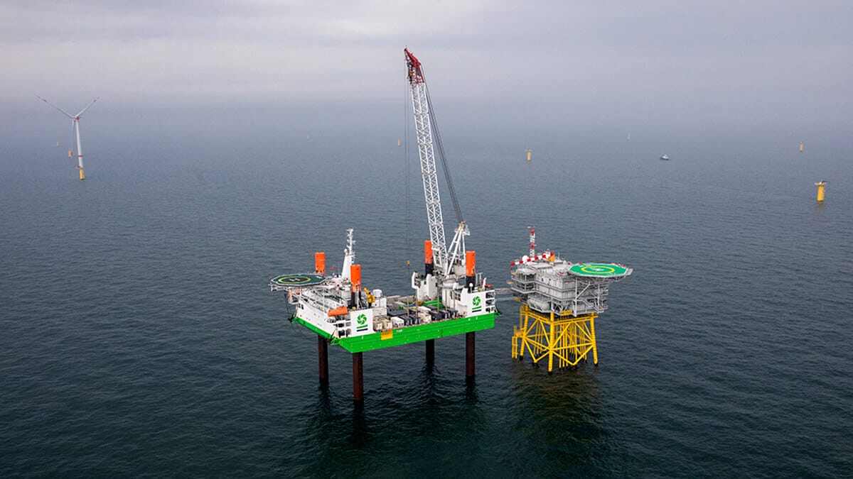 A wind turbine installation vessel in the North Sea.