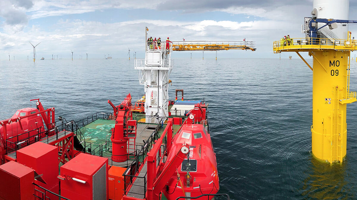 Walk to work vessel deploying engineers to an offshore wind turbine.